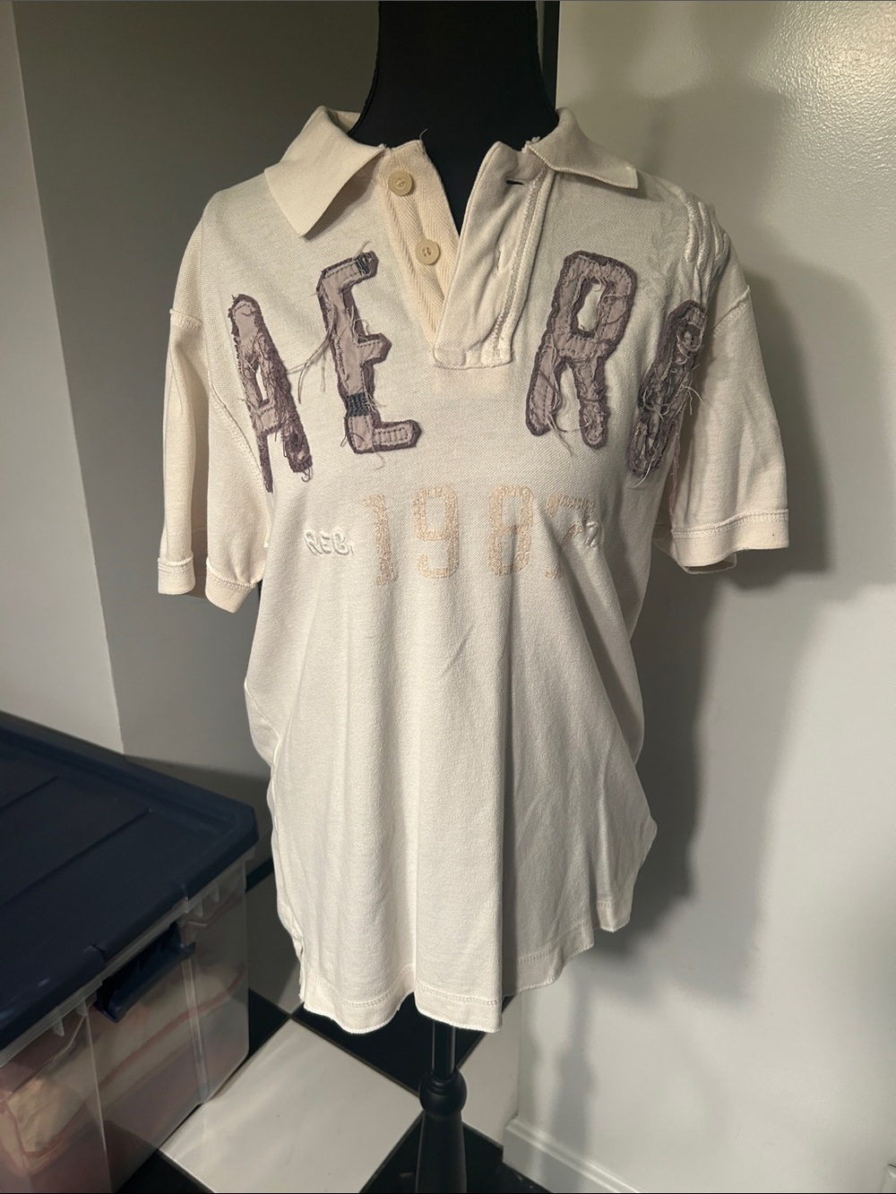 VINTAGE Aeropostale Cream Short-Sleeve Polo with Distressed Brown Logo